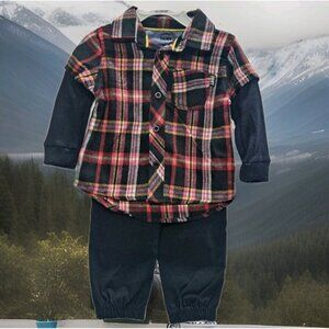 DKNY  Size 12M Set Of 2, Black Pants/‎ Black-Red Plaid Button Up Long Sleeve